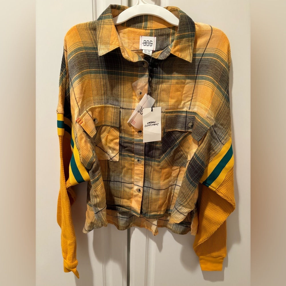 Urban Outfitters, Small, yellow/green sweatshirt/waffle button down shirt..